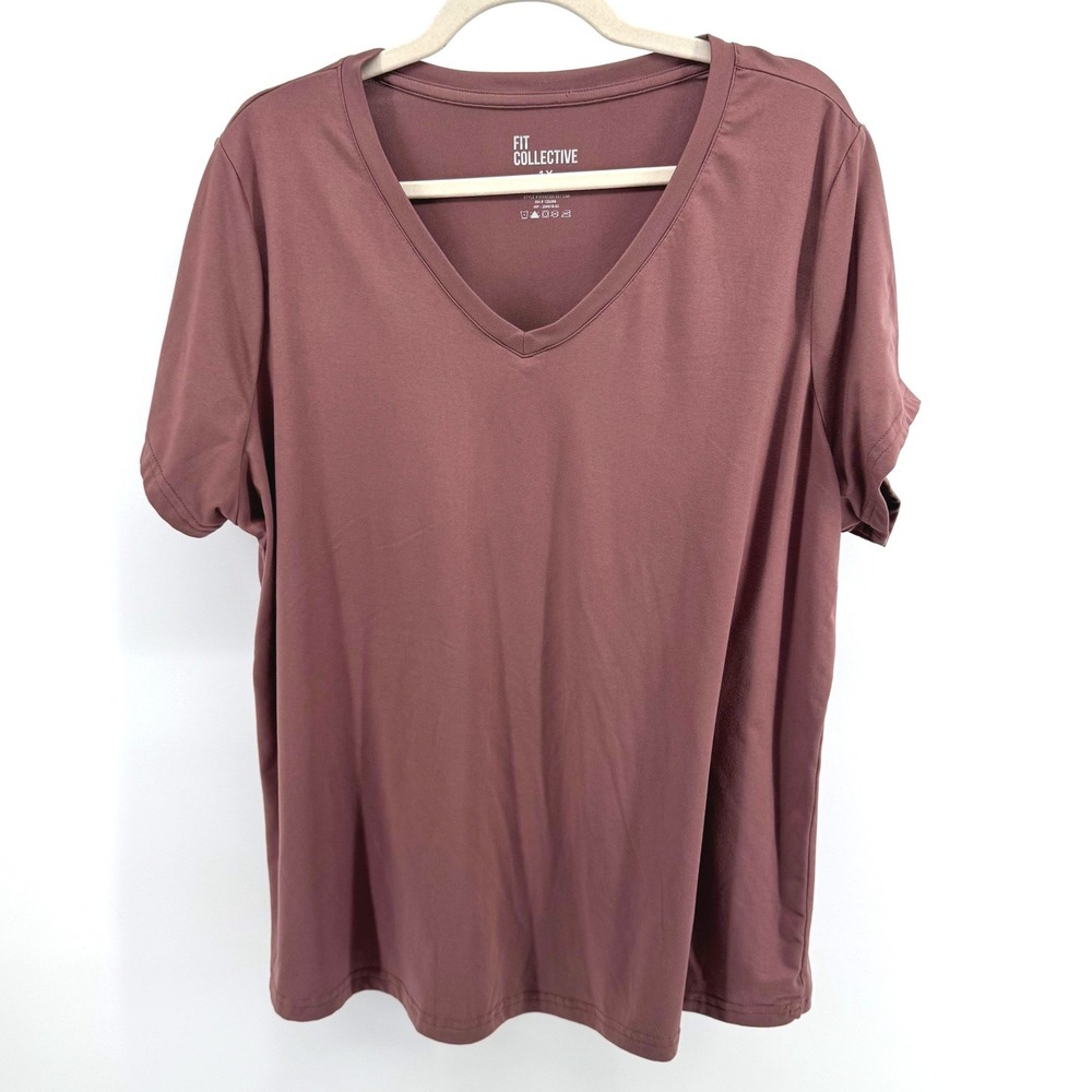 Fit Collective V-Neck Activewear Top Women 1X Mauve Short Sleeve Athleisure Tee